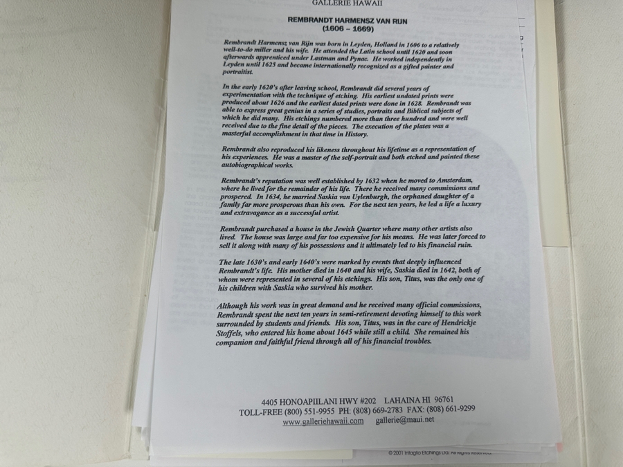 Rembrandt Harmenszoon Van Rijn (1606-1669, Dutch) 'Bust Of A Man Wearing A High Cap' Original Etching, Signed And Dated RHL 1630 Posthumous Impression, 1998 4' X 3-1/4' Framed With Brochure And Certificate Of Authenticity [Photo 21]