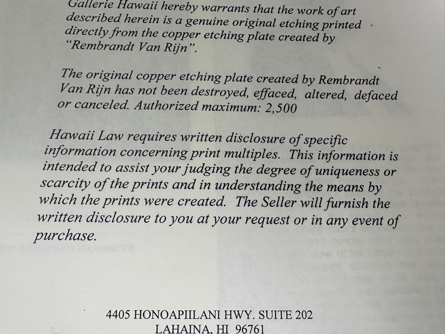 Rembrandt Harmenszoon Van Rijn (1606-1669, Dutch) 'Bust Of A Man Wearing A High Cap' Original Etching, Signed And Dated RHL 1630 Posthumous Impression, 1998 4' X 3-1/4' Framed With Brochure And Certificate Of Authenticity [Photo 23]