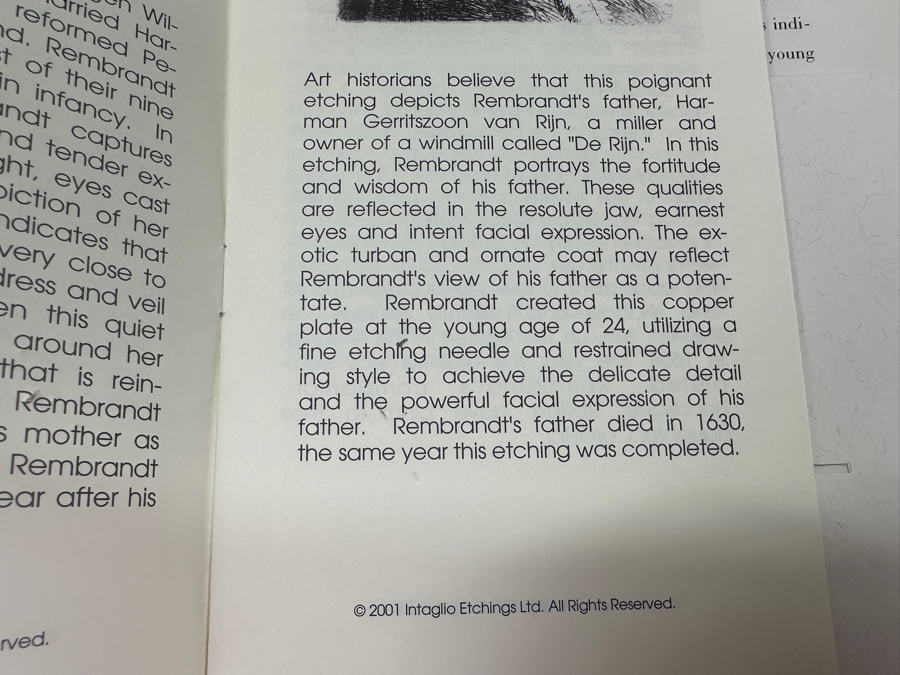 Rembrandt Harmenszoon Van Rijn (1606-1669, Dutch) 'Bust Of A Man Wearing A High Cap' Original Etching, Signed And Dated RHL 1630 Posthumous Impression, 1998 4' X 3-1/4' Framed With Brochure And Certificate Of Authenticity [Photo 16]