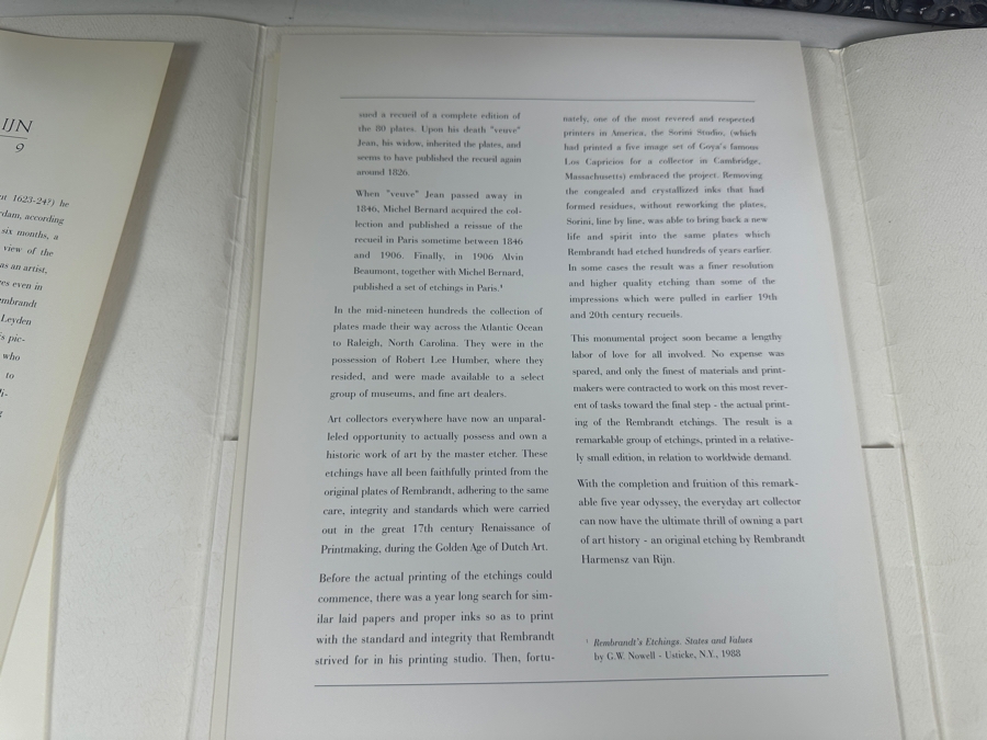 Rembrandt Harmenszoon Van Rijn (1606-1669, Dutch) 'Bust Of A Man Wearing A High Cap' Original Etching, Signed And Dated RHL 1630 Posthumous Impression, 1998 4' X 3-1/4' Framed With Brochure And Certificate Of Authenticity [Photo 20]