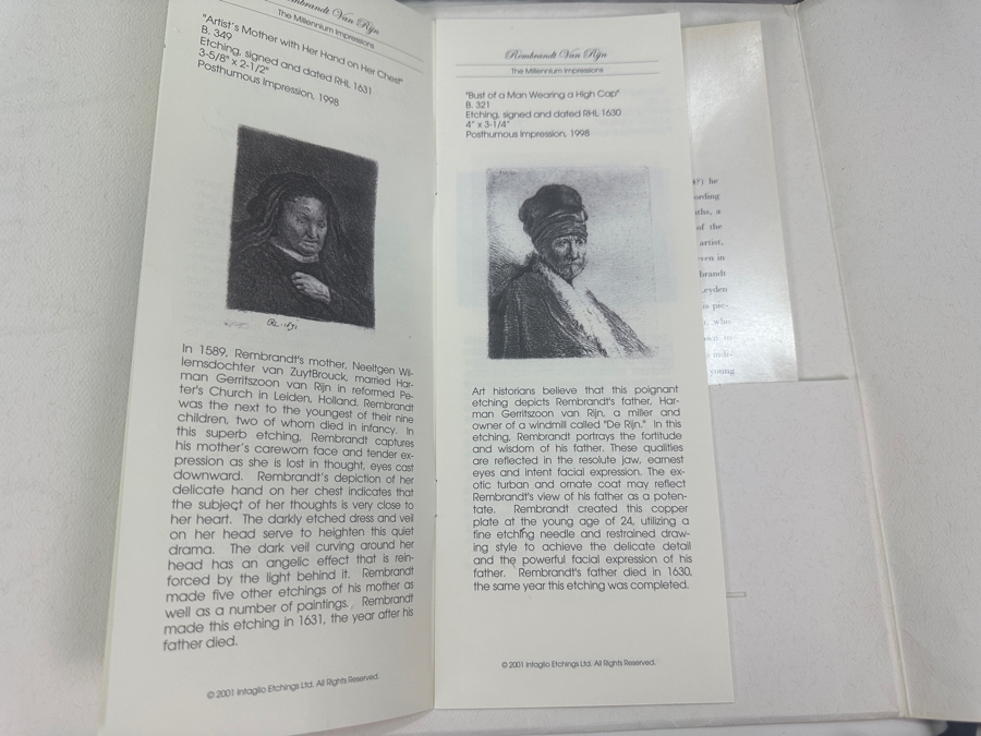 Rembrandt Harmenszoon Van Rijn (1606-1669, Dutch) 'Bust Of A Man Wearing A High Cap' Original Etching, Signed And Dated RHL 1630 Posthumous Impression, 1998 4' X 3-1/4' Framed With Brochure And Certificate Of Authenticity [Photo 14]