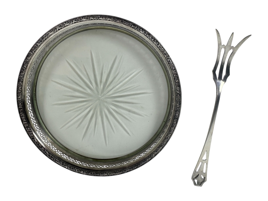 Vintage Frank M. Whiting & Co. Sterling Silver Rimmed Cut Glass Bottle Coaster And Frank M. Whiting & Co. Art Deco Sterling Silver Lemon Fork [Photo 1]