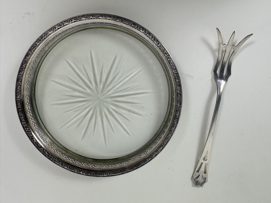 Vintage Frank M. Whiting & Co. Sterling Silver Rimmed Cut Glass Bottle Coaster And Frank M. Whiting & Co. Art Deco Sterling Silver Lemon Fork [Photo 2]