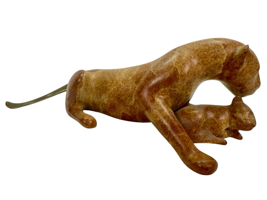 Loet Vanderveen (1921-2015, American/Dutch) Lioness And Cub Bronze Sculpture Signed LOET And Numbered 294 Of 2500 9.25'W X 3'H