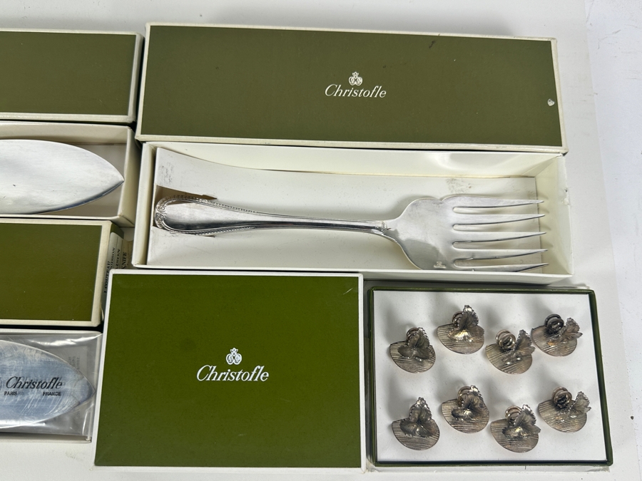 (2) Christofle Fish Serving Knives, (1) Christofle Fish Serving Fork & (1) Christofle Set Of 8 Place-Card Holders - All With Original Christofle Boxes [Photo 3]
