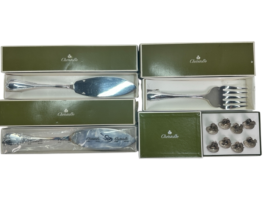 (2) Christofle Fish Serving Knives, (1) Christofle Fish Serving Fork & (1) Christofle Set Of 8 Place-Card Holders - All With Original Christofle Boxes [Photo 1]