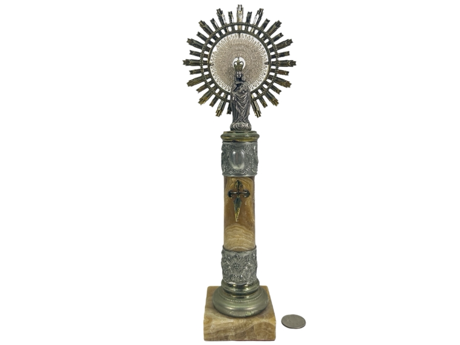 Vintage Our Virgin Mary Lady Of The Pillar Figure With Child Jesus Marble And Metal 12H [Photo 1]