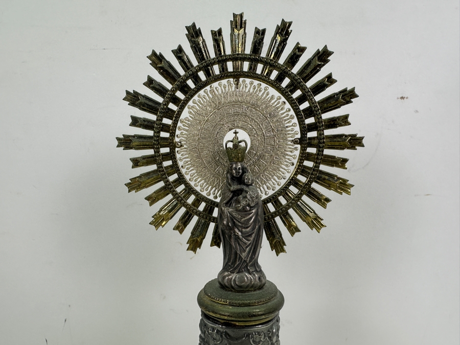 Vintage Our Virgin Mary Lady Of The Pillar Figure With Child Jesus Marble And Metal 12H [Photo 3]