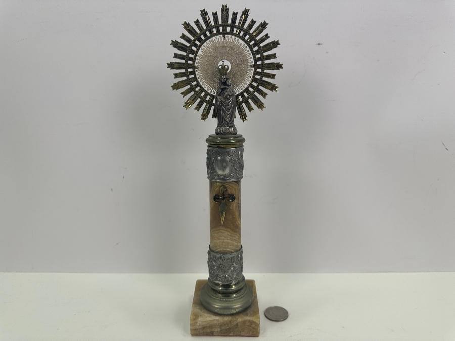 Vintage Our Virgin Mary Lady Of The Pillar Figure With Child Jesus Marble And Metal 12H [Photo 7]