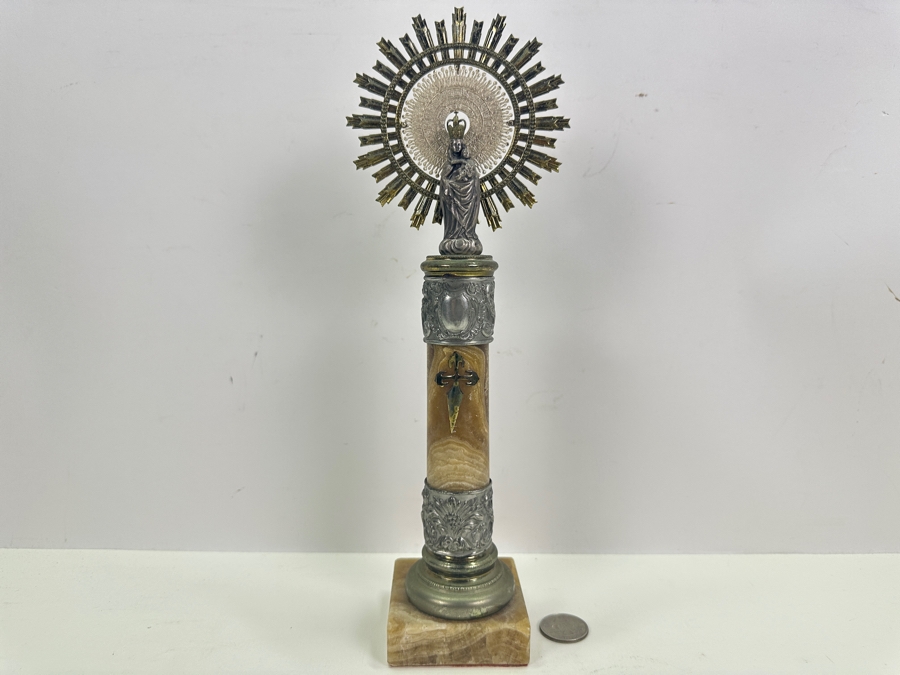 Vintage Our Virgin Mary Lady Of The Pillar Figure With Child Jesus Marble And Metal 12H [Photo 2]