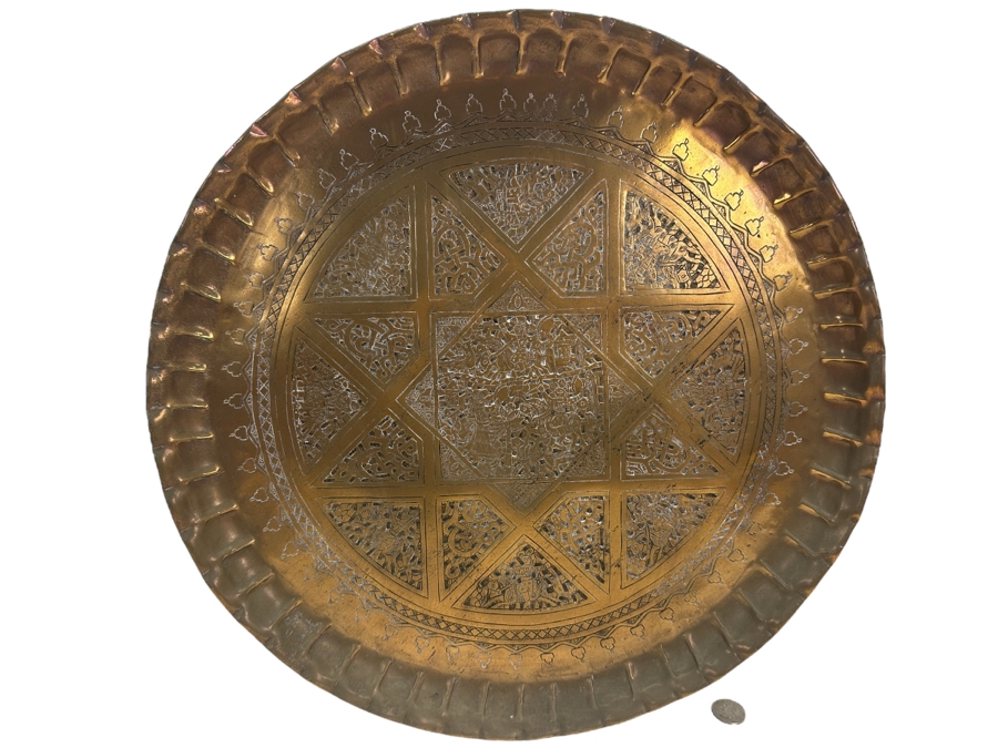 Antique Middle Eastern Moorish Copper Tray With Arabic Calligraphy Writing Hand Hammered With Detailed Engravings 18.5'W Weighs 6.6lbs [Photo 1]
