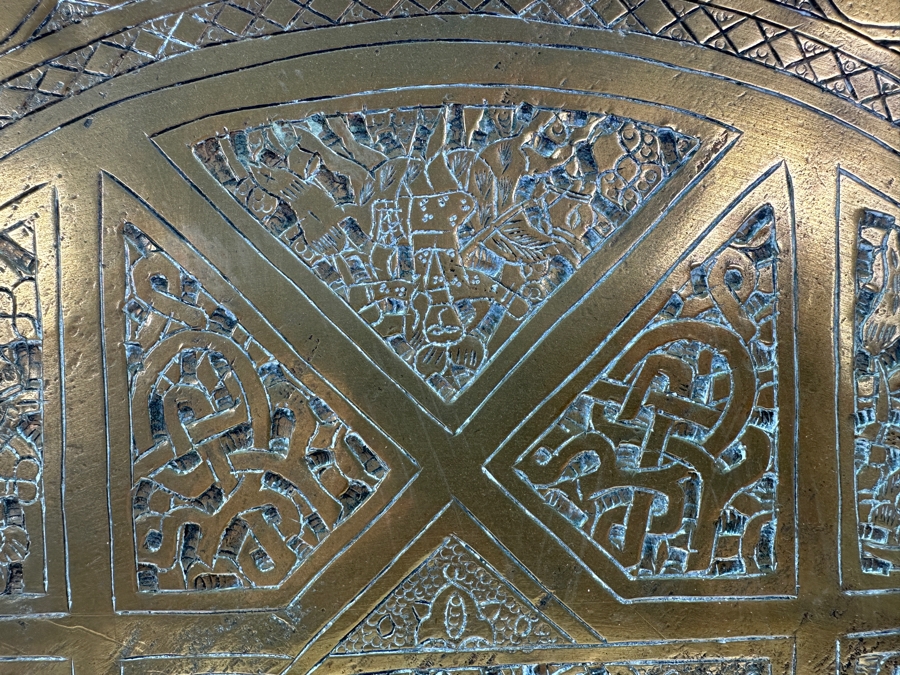 Antique Middle Eastern Moorish Copper Tray With Arabic Calligraphy Writing Hand Hammered With Detailed Engravings 18.5'W Weighs 6.6lbs [Photo 3]