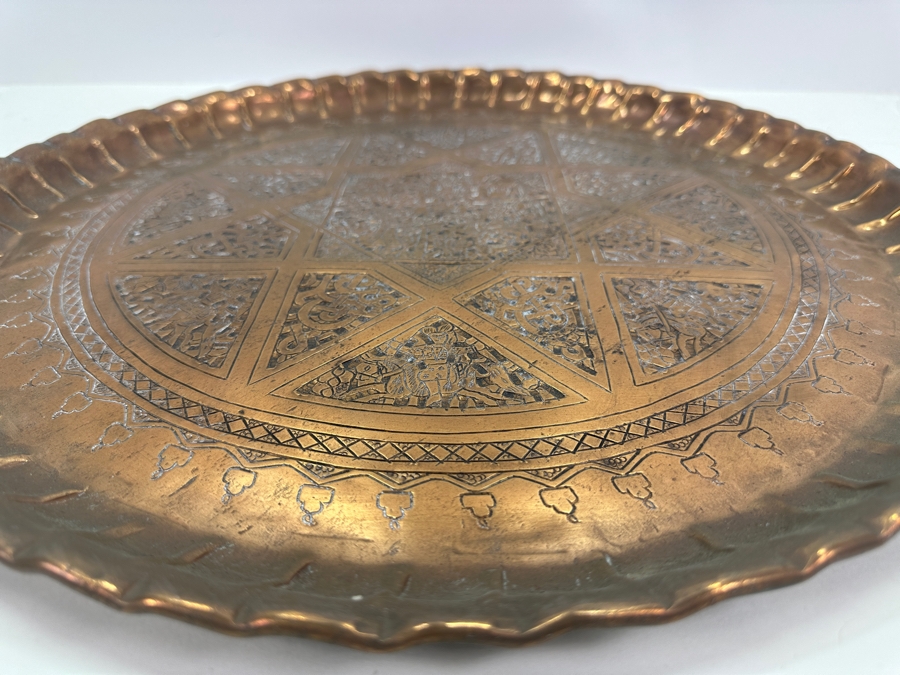 Antique Middle Eastern Moorish Copper Tray With Arabic Calligraphy Writing Hand Hammered With Detailed Engravings 18.5'W Weighs 6.6lbs [Photo 10]