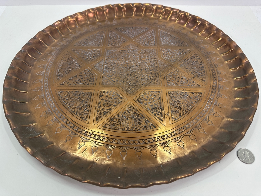 Antique Middle Eastern Moorish Copper Tray With Arabic Calligraphy Writing Hand Hammered With Detailed Engravings 18.5'W Weighs 6.6lbs [Photo 9]