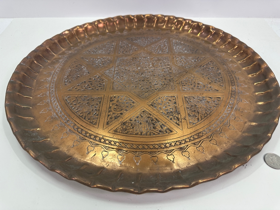 Antique Middle Eastern Moorish Copper Tray With Arabic Calligraphy Writing Hand Hammered With Detailed Engravings 18.5'W Weighs 6.6lbs [Photo 8]