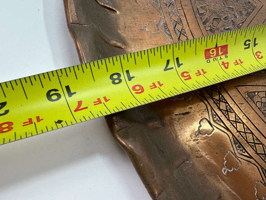 Antique Middle Eastern Moorish Copper Tray With Arabic Calligraphy Writing Hand Hammered With Detailed Engravings 18.5'W Weighs 6.6lbs [Photo 11]