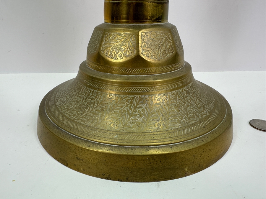 Vintage Engraved Free Standing Brass Candle Holder Lamp Base 24.5H [Photo 3]