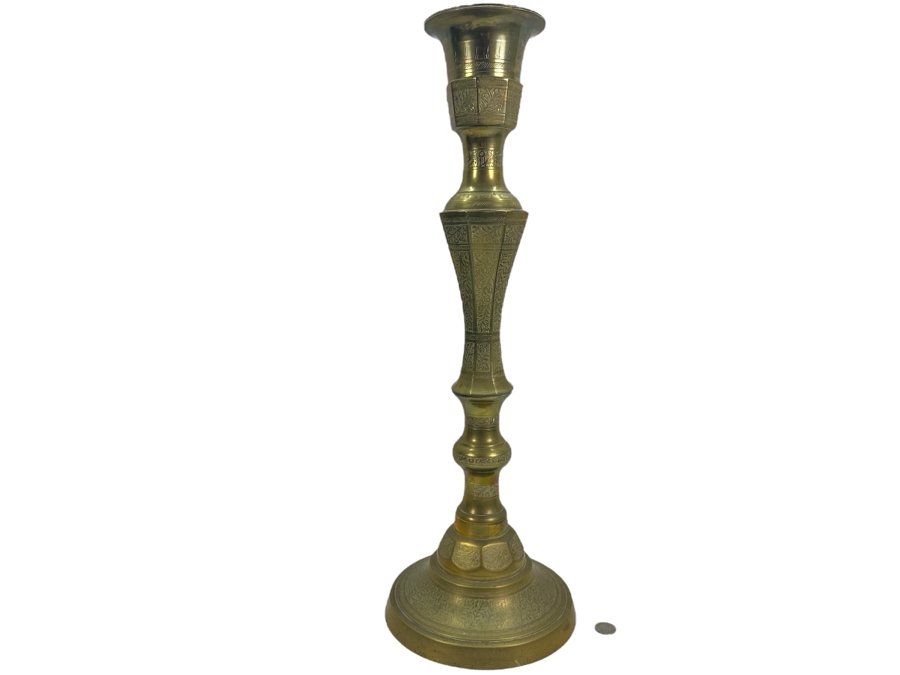 Vintage Engraved Free Standing Brass Candle Holder Lamp Base 24.5H [Photo 1]