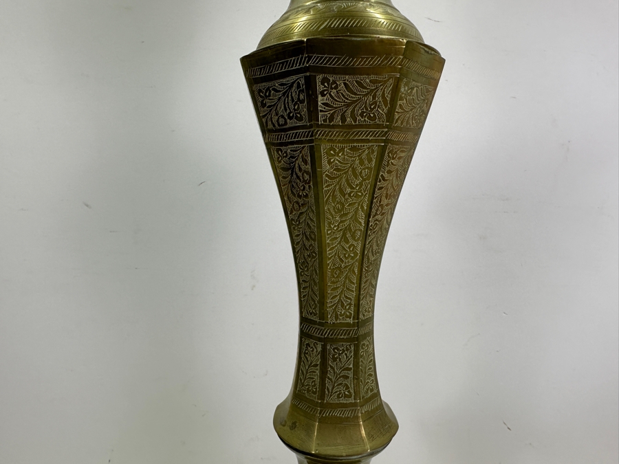 Vintage Engraved Free Standing Brass Candle Holder Lamp Base 24.5H [Photo 4]