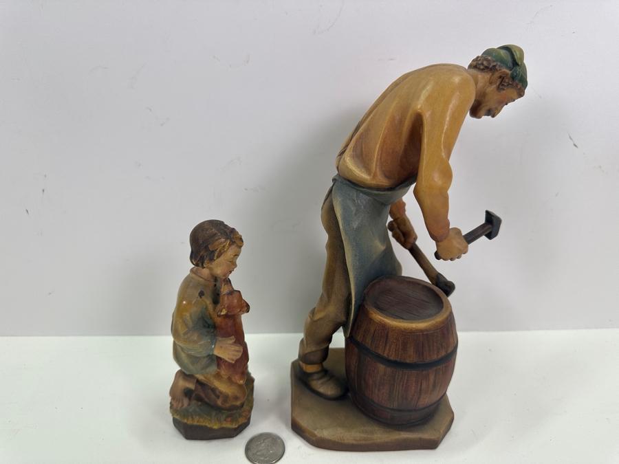 Pair Of Carved Wooden Hand Painted Figurines: Anri Italy Blacksmith 9.5H And Boy With Dog Eibl + Sohn By Tripar International Western Germany 5.5H [Photo 7]