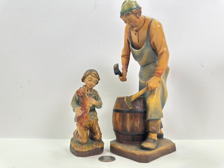 Pair Of Carved Wooden Hand Painted Figurines: Anri Italy Blacksmith 9.5H And Boy With Dog Eibl + Sohn By Tripar International Western Germany 5.5H [Photo 2]