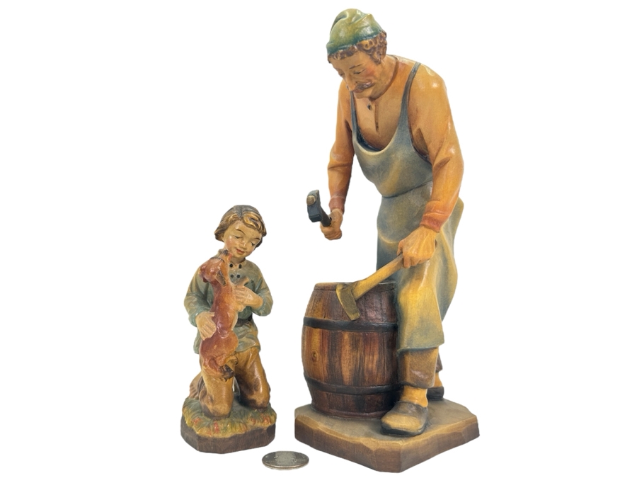 Pair Of Carved Wooden Hand Painted Figurines: Anri Italy Blacksmith 9.5H And Boy With Dog Eibl + Sohn By Tripar International Western Germany 5.5H [Photo 1]