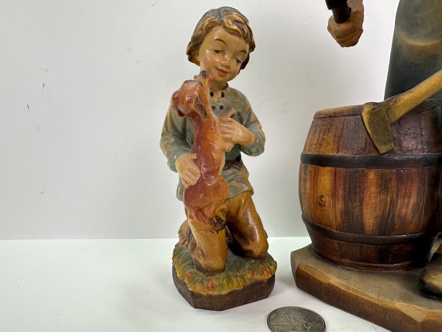 Pair Of Carved Wooden Hand Painted Figurines: Anri Italy Blacksmith 9.5H And Boy With Dog Eibl + Sohn By Tripar International Western Germany 5.5H [Photo 3]