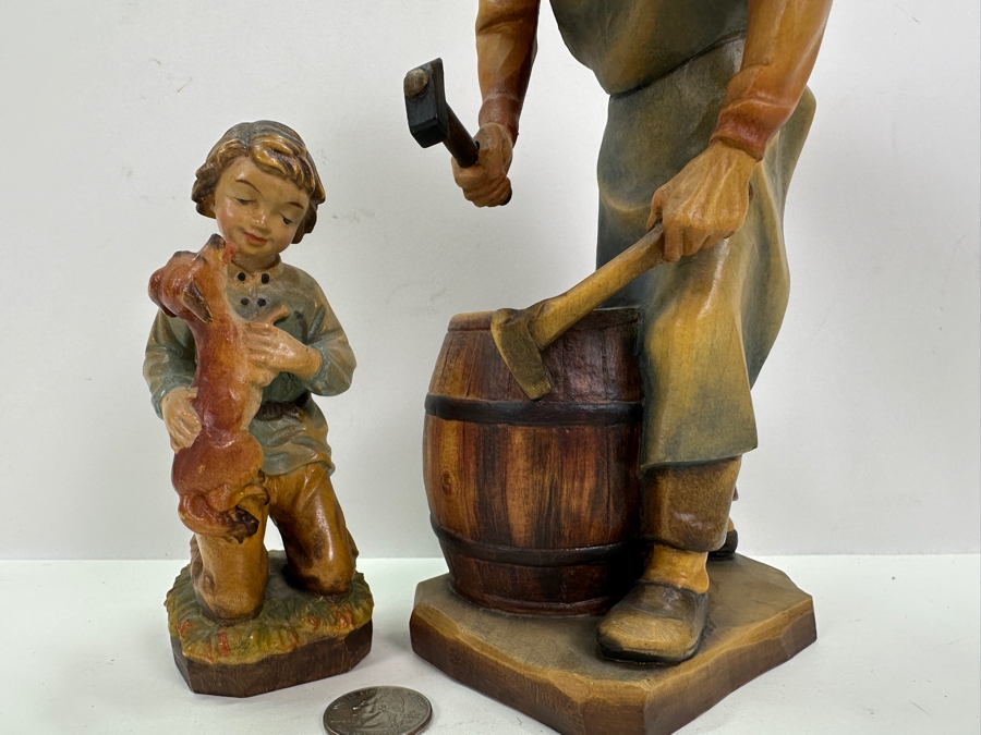 Pair Of Carved Wooden Hand Painted Figurines: Anri Italy Blacksmith 9.5H And Boy With Dog Eibl + Sohn By Tripar International Western Germany 5.5H [Photo 5]