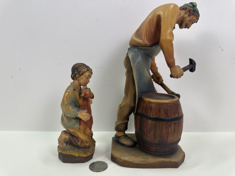 Pair Of Carved Wooden Hand Painted Figurines: Anri Italy Blacksmith 9.5H And Boy With Dog Eibl + Sohn By Tripar International Western Germany 5.5H [Photo 6]