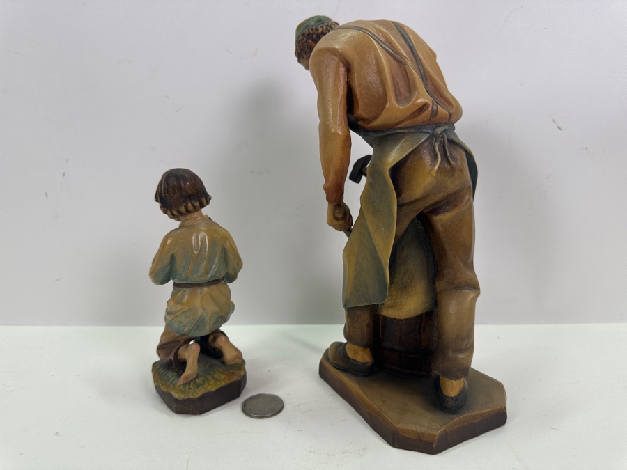 Pair Of Carved Wooden Hand Painted Figurines: Anri Italy Blacksmith 9.5H And Boy With Dog Eibl + Sohn By Tripar International Western Germany 5.5H [Photo 8]