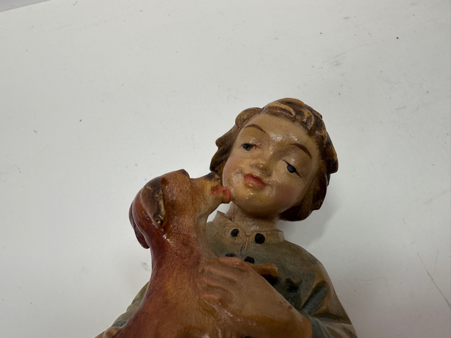 Pair Of Carved Wooden Hand Painted Figurines: Anri Italy Blacksmith 9.5H And Boy With Dog Eibl + Sohn By Tripar International Western Germany 5.5H [Photo 14]