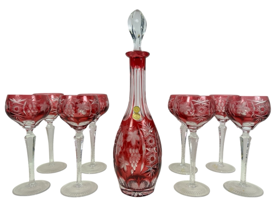 Berkeley House West Germany Crystal Decanter With Eight Stemware Glasses 8.5H