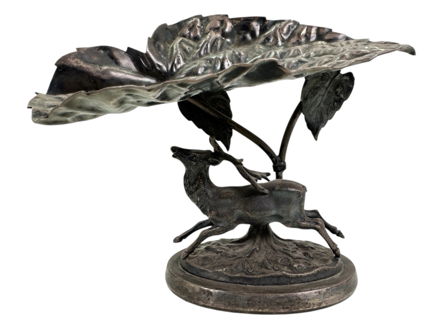 Antique Silverplate Calling Card Receiver With Figural Deer By The Middletown Plate Co. 9W X 5.5D X 7H