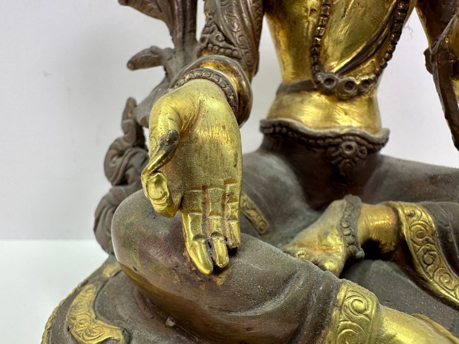 Tibetan Buddhism White Tara Gilt Bronze Brass Sculpture Signed Underneath 5.5W X 4D X 8.75H 1,845g 4.06lbs [Photo 6]