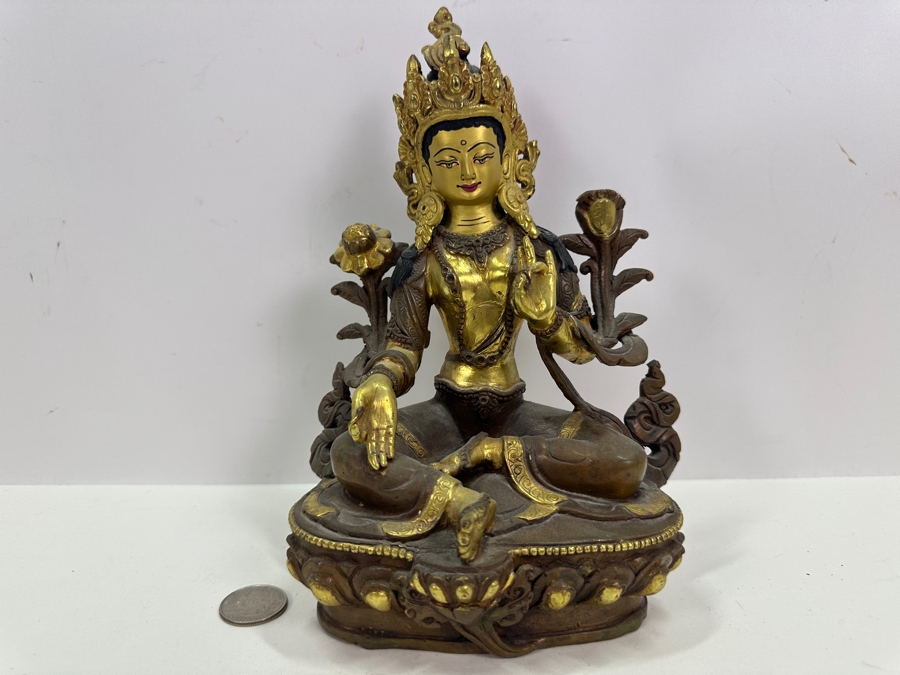 Tibetan Buddhism White Tara Gilt Bronze Brass Sculpture Signed Underneath 5.5W X 4D X 8.75H 1,845g 4.06lbs [Photo 3]