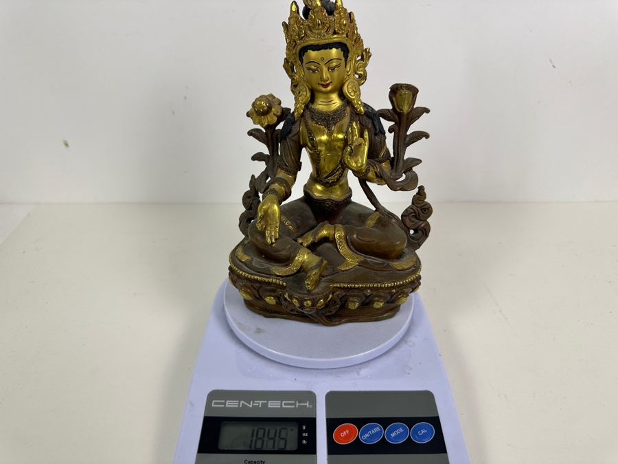 Tibetan Buddhism White Tara Gilt Bronze Brass Sculpture Signed Underneath 5.5W X 4D X 8.75H 1,845g 4.06lbs [Photo 16]
