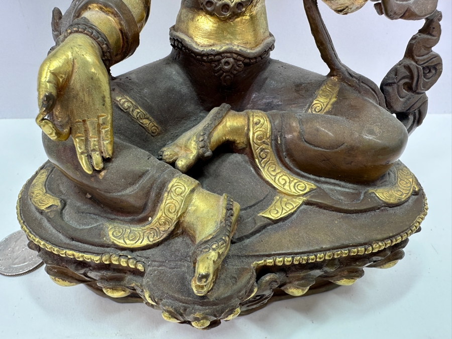 Tibetan Buddhism White Tara Gilt Bronze Brass Sculpture Signed Underneath 5.5W X 4D X 8.75H 1,845g 4.06lbs [Photo 7]