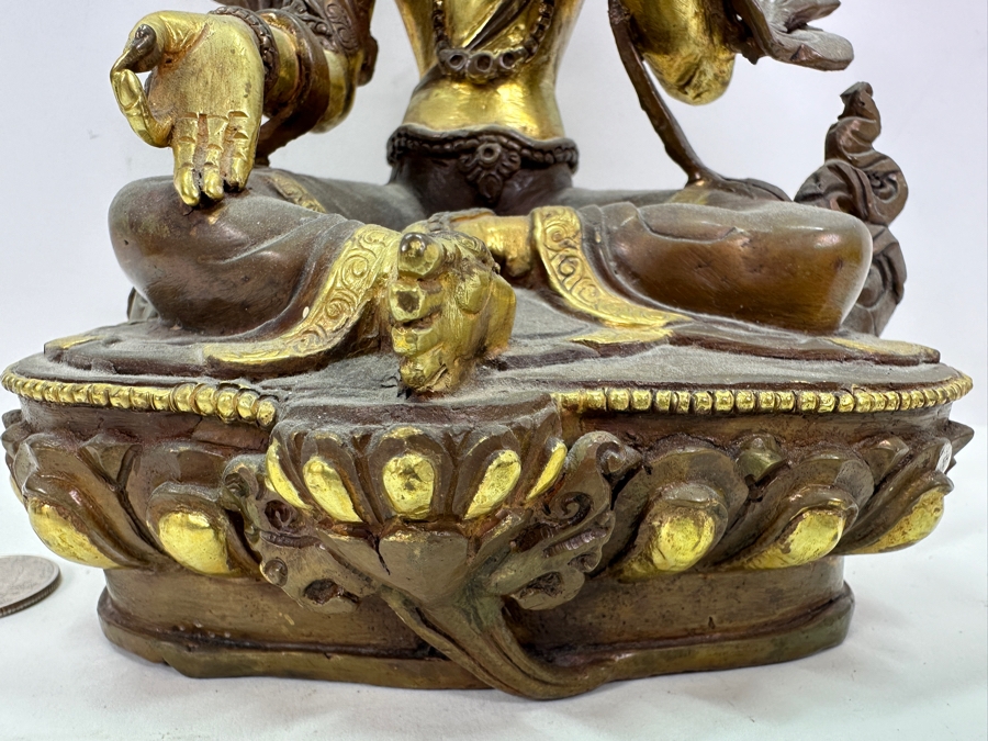Tibetan Buddhism White Tara Gilt Bronze Brass Sculpture Signed Underneath 5.5W X 4D X 8.75H 1,845g 4.06lbs [Photo 8]