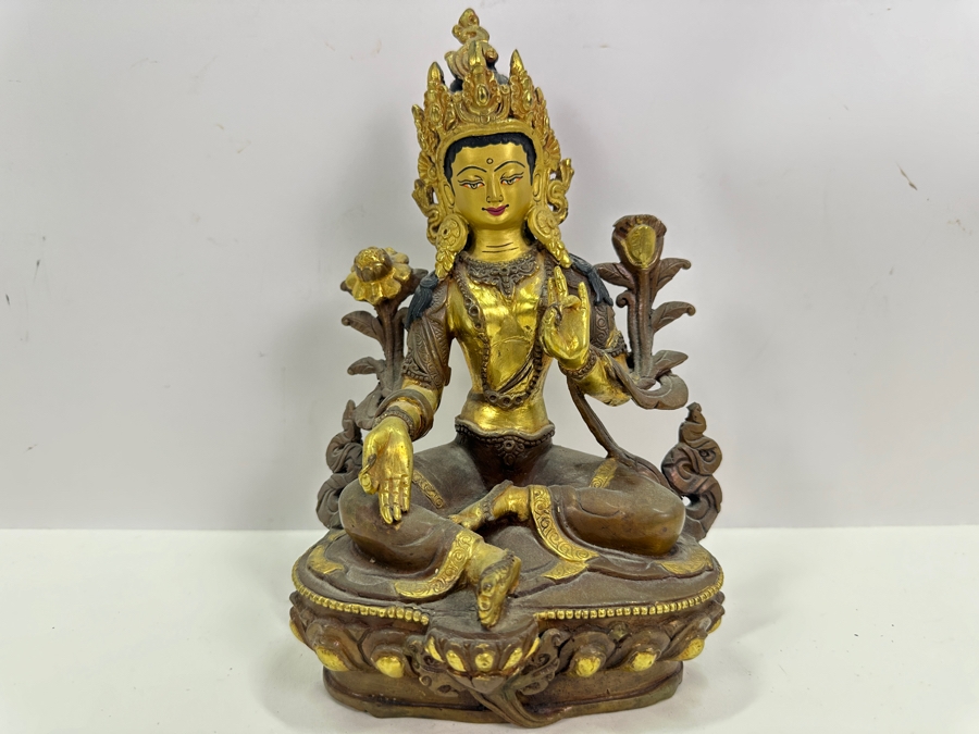 Tibetan Buddhism White Tara Gilt Bronze Brass Sculpture Signed Underneath 5.5W X 4D X 8.75H 1,845g 4.06lbs [Photo 2]