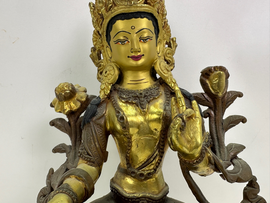 Tibetan Buddhism White Tara Gilt Bronze Brass Sculpture Signed Underneath 5.5W X 4D X 8.75H 1,845g 4.06lbs [Photo 5]