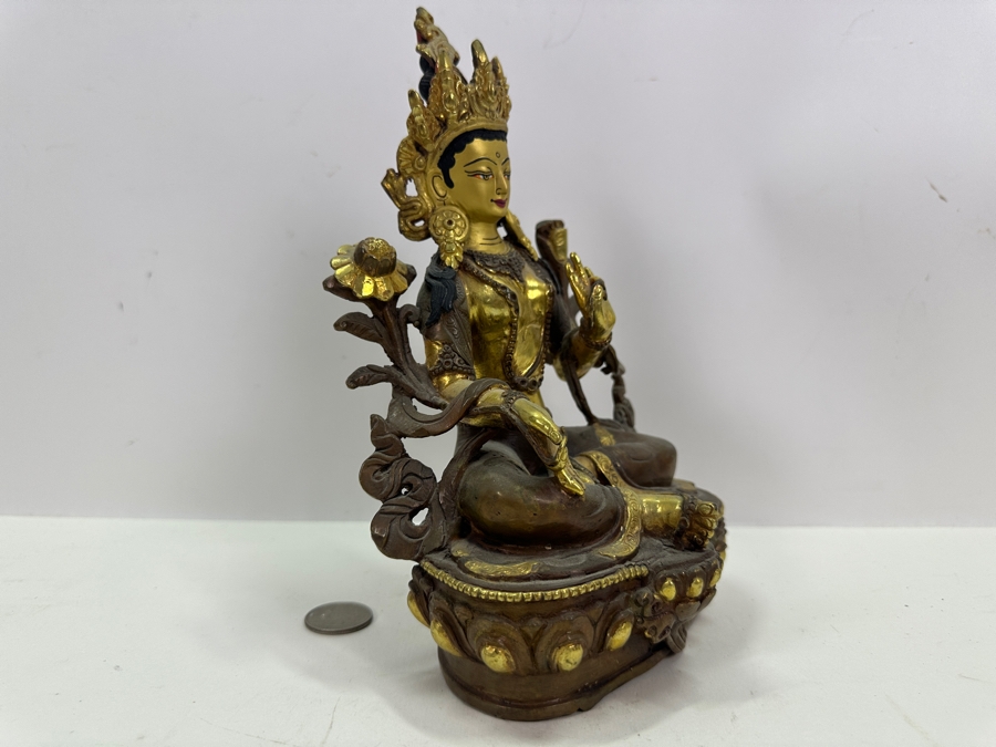 Tibetan Buddhism White Tara Gilt Bronze Brass Sculpture Signed Underneath 5.5W X 4D X 8.75H 1,845g 4.06lbs [Photo 9]