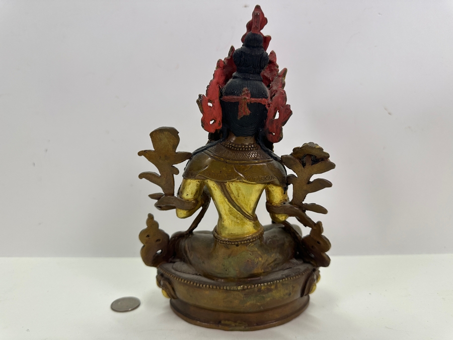 Tibetan Buddhism White Tara Gilt Bronze Brass Sculpture Signed Underneath 5.5W X 4D X 8.75H 1,845g 4.06lbs [Photo 10]