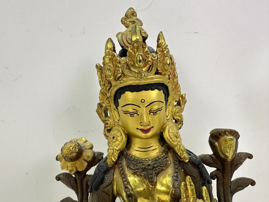 Tibetan Buddhism White Tara Gilt Bronze Brass Sculpture Signed Underneath 5.5W X 4D X 8.75H 1,845g 4.06lbs [Photo 4]