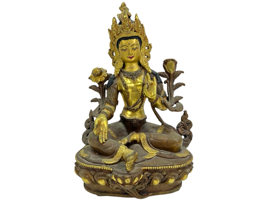 Tibetan Buddhism White Tara Gilt Bronze Brass Sculpture Signed Underneath 5.5W X 4D X 8.75H 1,845g 4.06lbs