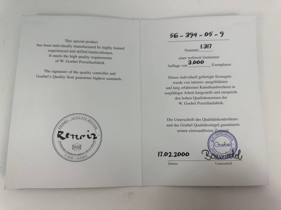 Limited Edition Goebel Porcelain Vase Feature A Design Inspired By The Artwork Of Pierre August Renoir 'Danse En Ville' - Artis Orbis Collection 9.5'H With C.O.A. Numbered 1,317 Of 3,000 [Photo 5]