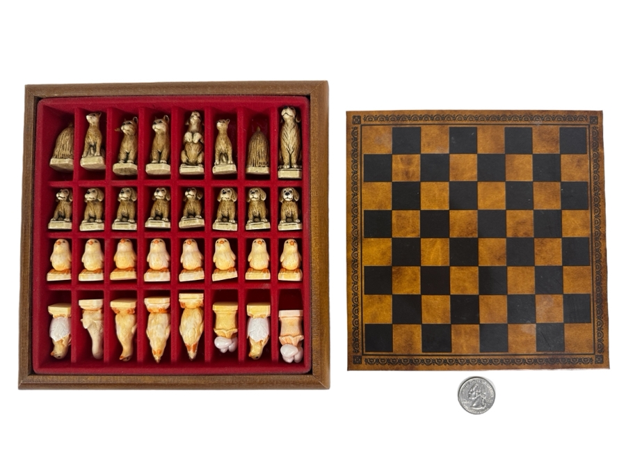 Portable Chess Set With Miniature Resin Animal Chess Pieces 7.5 X 7.5 [Photo 1]