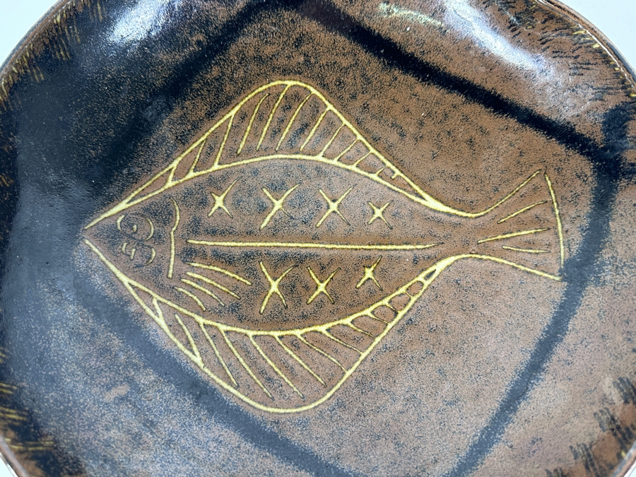 Signed Asian Art Pottery Bowl With Halibut Fish 10.5W X 3H [Photo 3]