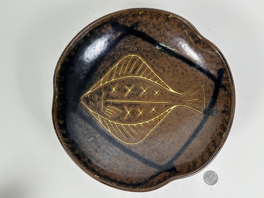 Signed Asian Art Pottery Bowl With Halibut Fish 10.5W X 3H [Photo 2]