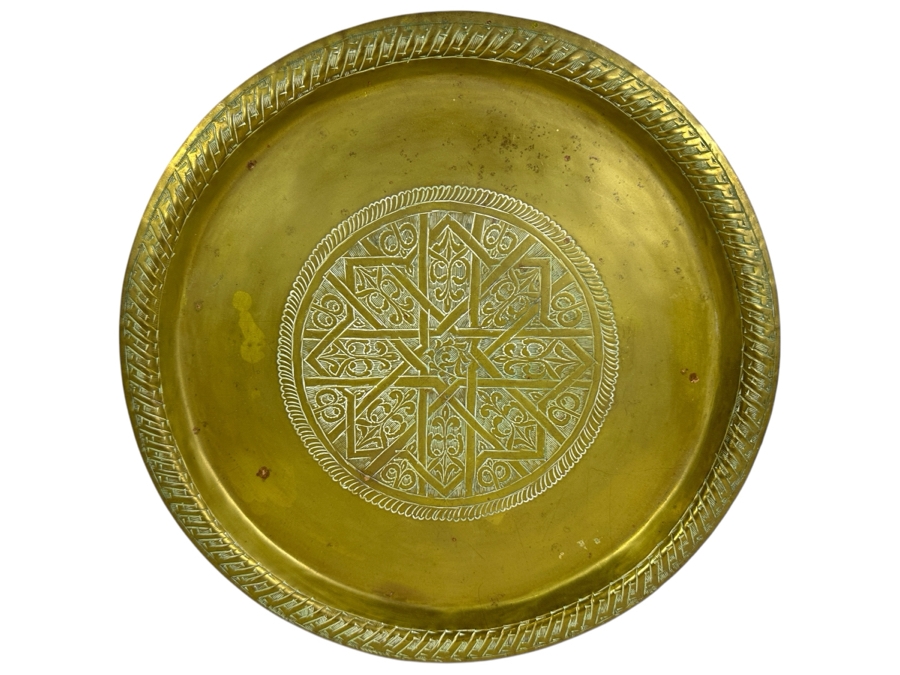 Vintage Signed Middle Eastern Moroccan Hand-Engraved Islamic Round Brass Tray 13.5W [Photo 1]
