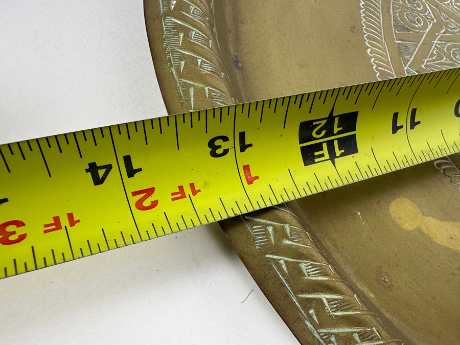 Vintage Signed Middle Eastern Moroccan Hand-Engraved Islamic Round Brass Tray 13.5W [Photo 8]